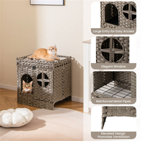 2-Tier Wicker Cat Condo With Litter Mat - Hidden Litter Box Enclosure
