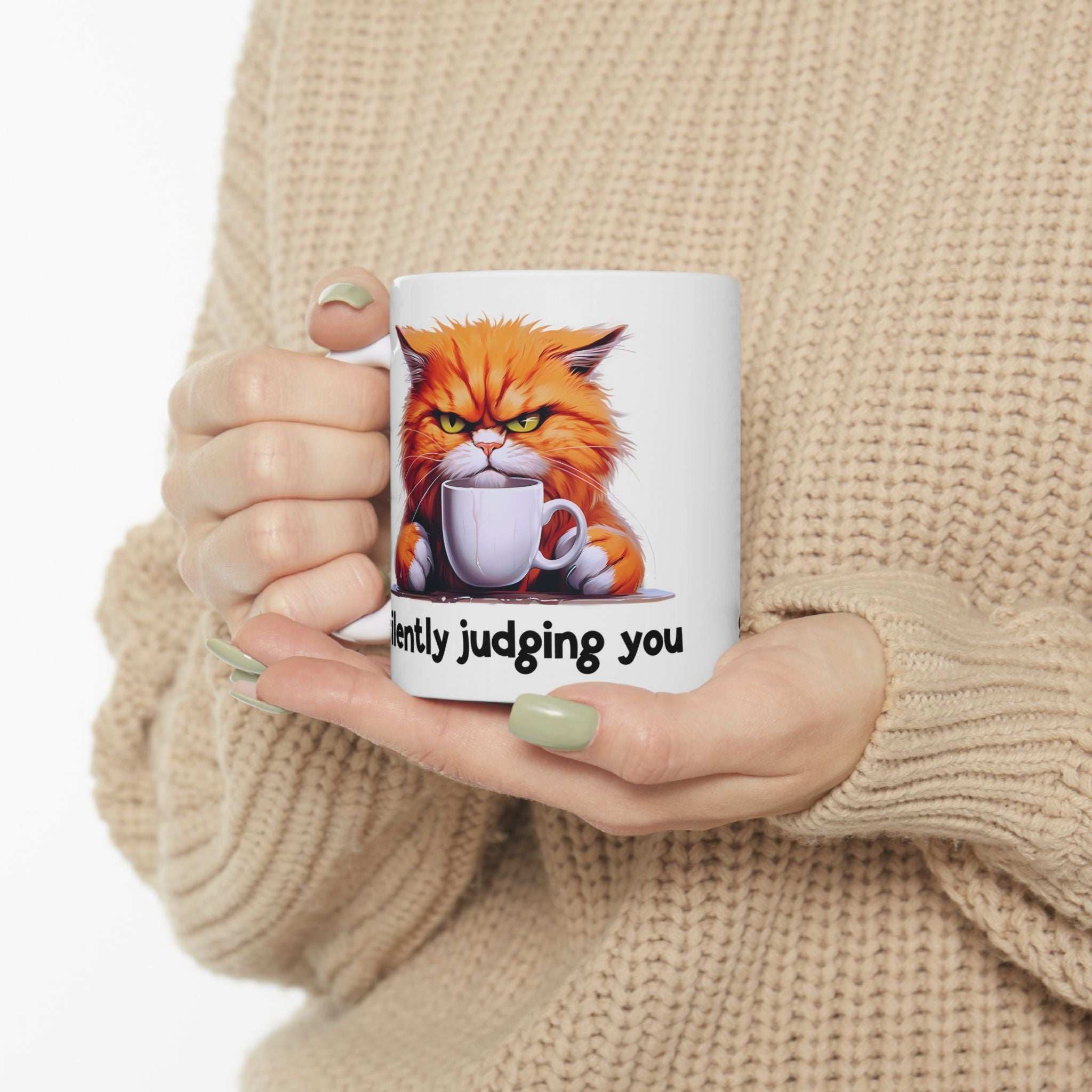 Funny Cat Ceramic Mug - 'Judging You Silently' (11oz, 15oz)