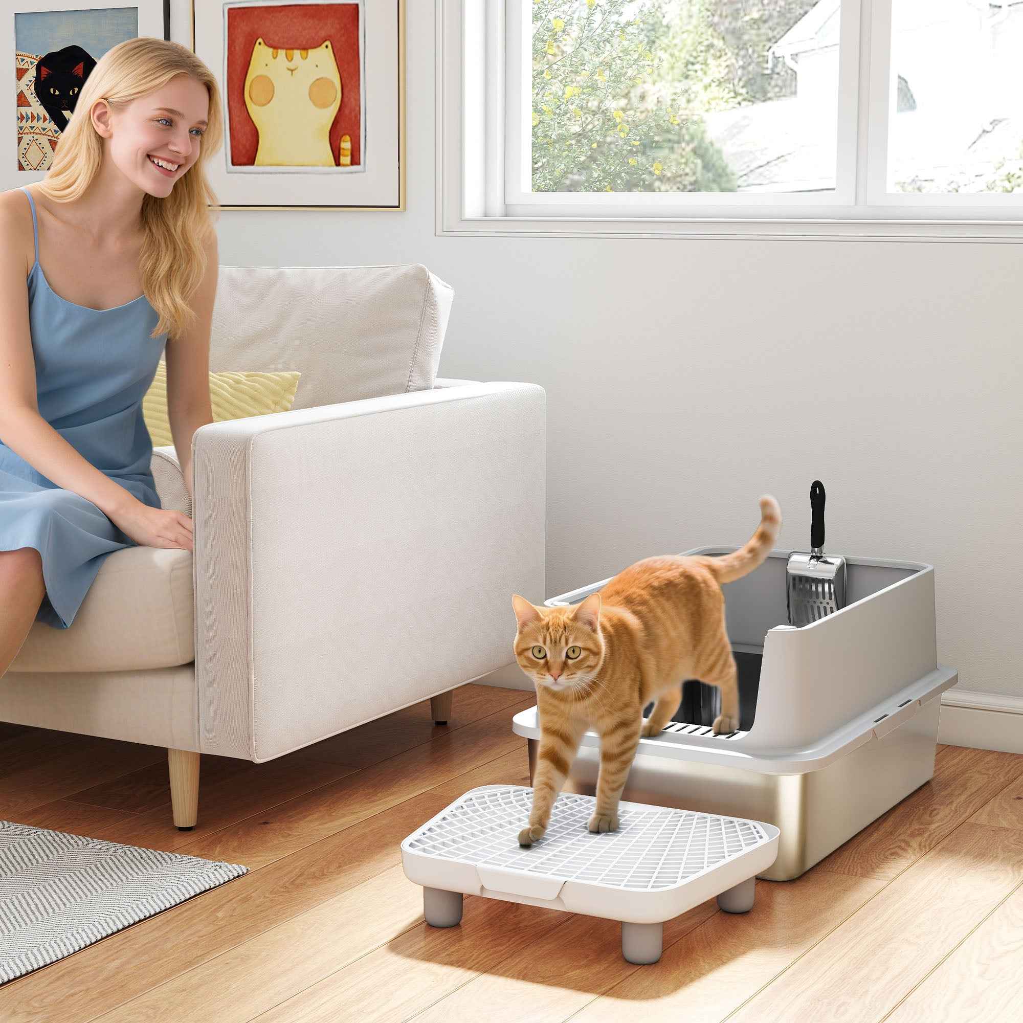 Cat Litter Box XL Stainless Steel - Anti-Leak High Walls Scoop and Pad