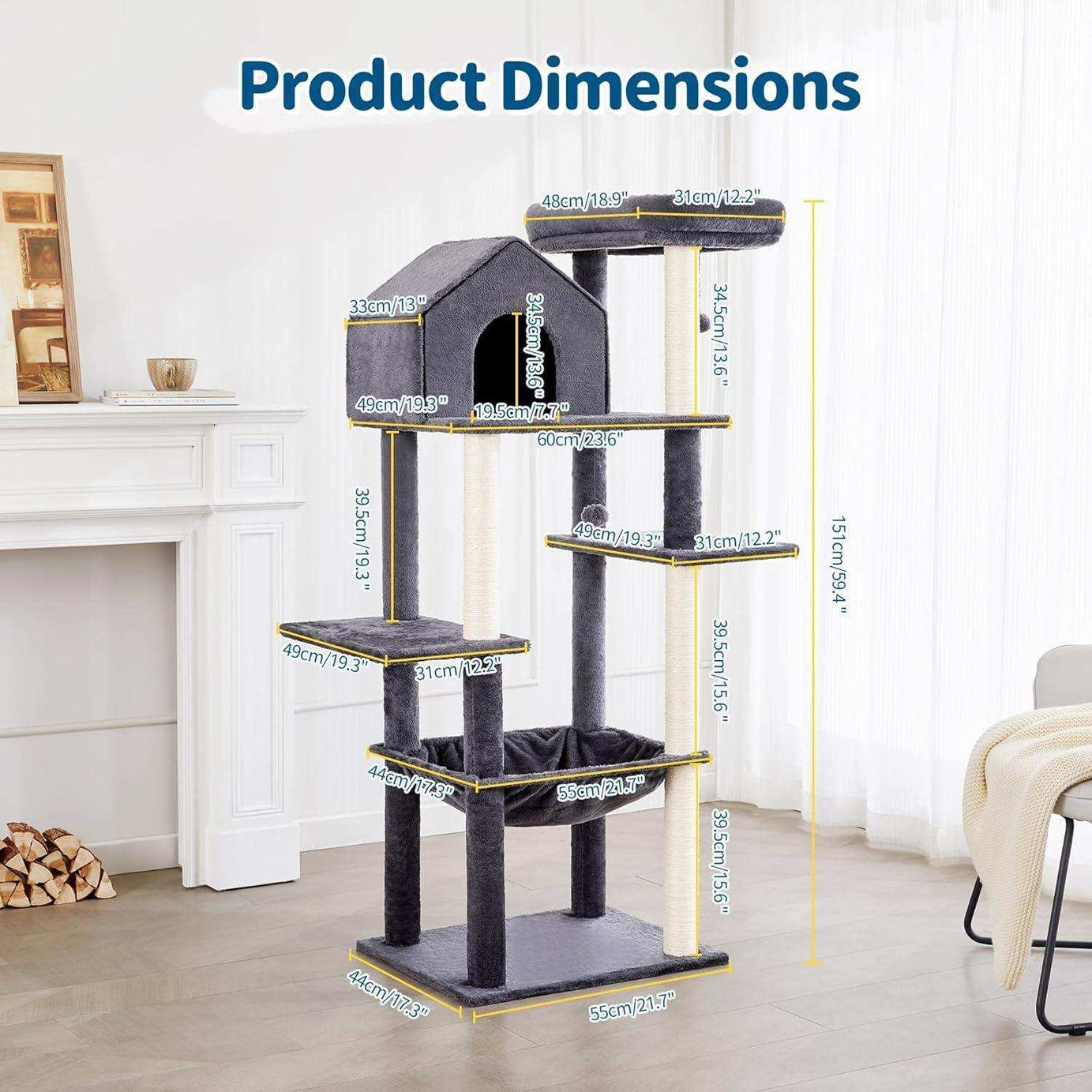 60 Inch Multi-Level Cat Tree For Indoor Cats With Plush Hammock