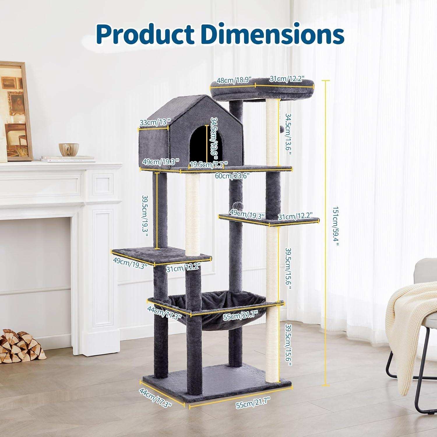 60 Inch Multi-Level Cat Tree For Indoor Cats With Plush Hammock