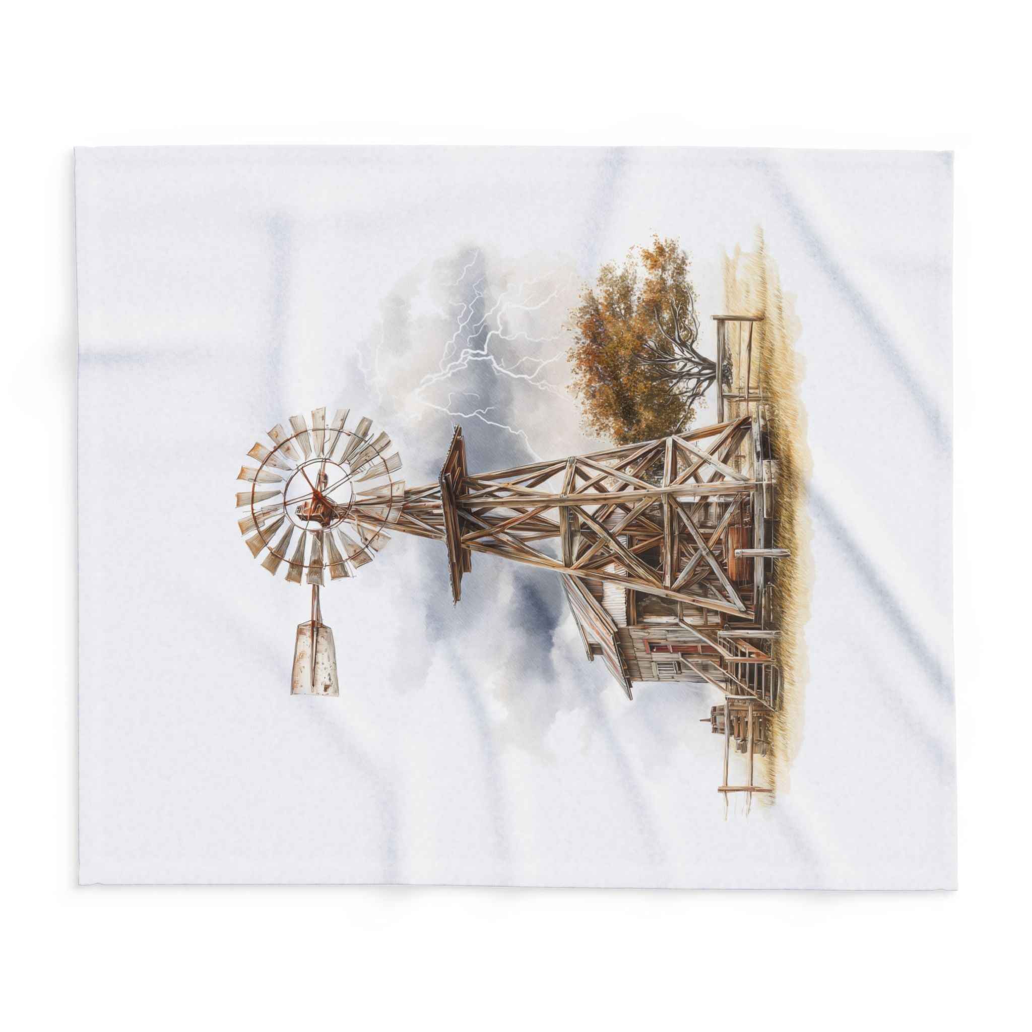 Windmill Farm Fleece Blanket — Rustic Windmill & Storm Sky Throw