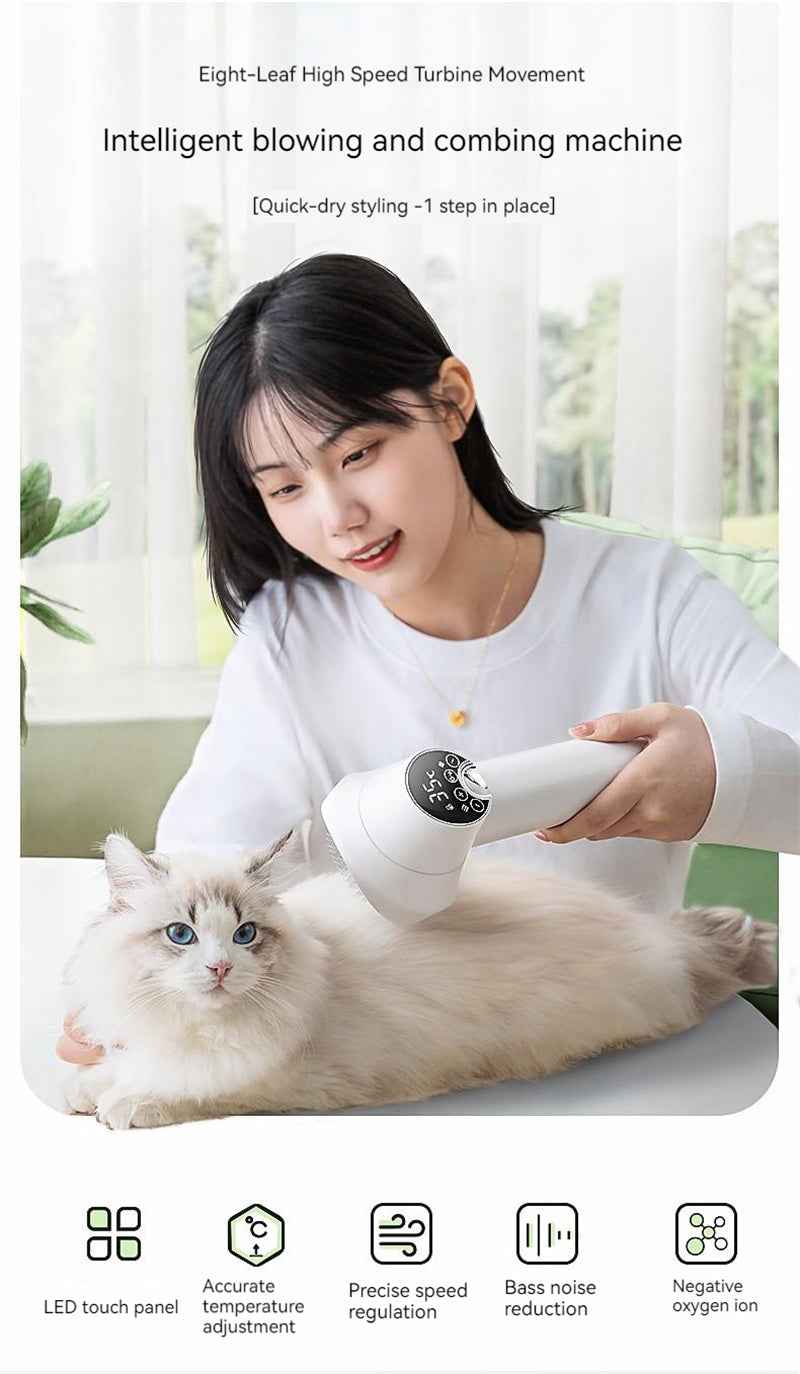 Pet Grooming Hair Dryer with Comb - Silent 2-in-1 Blow & Style