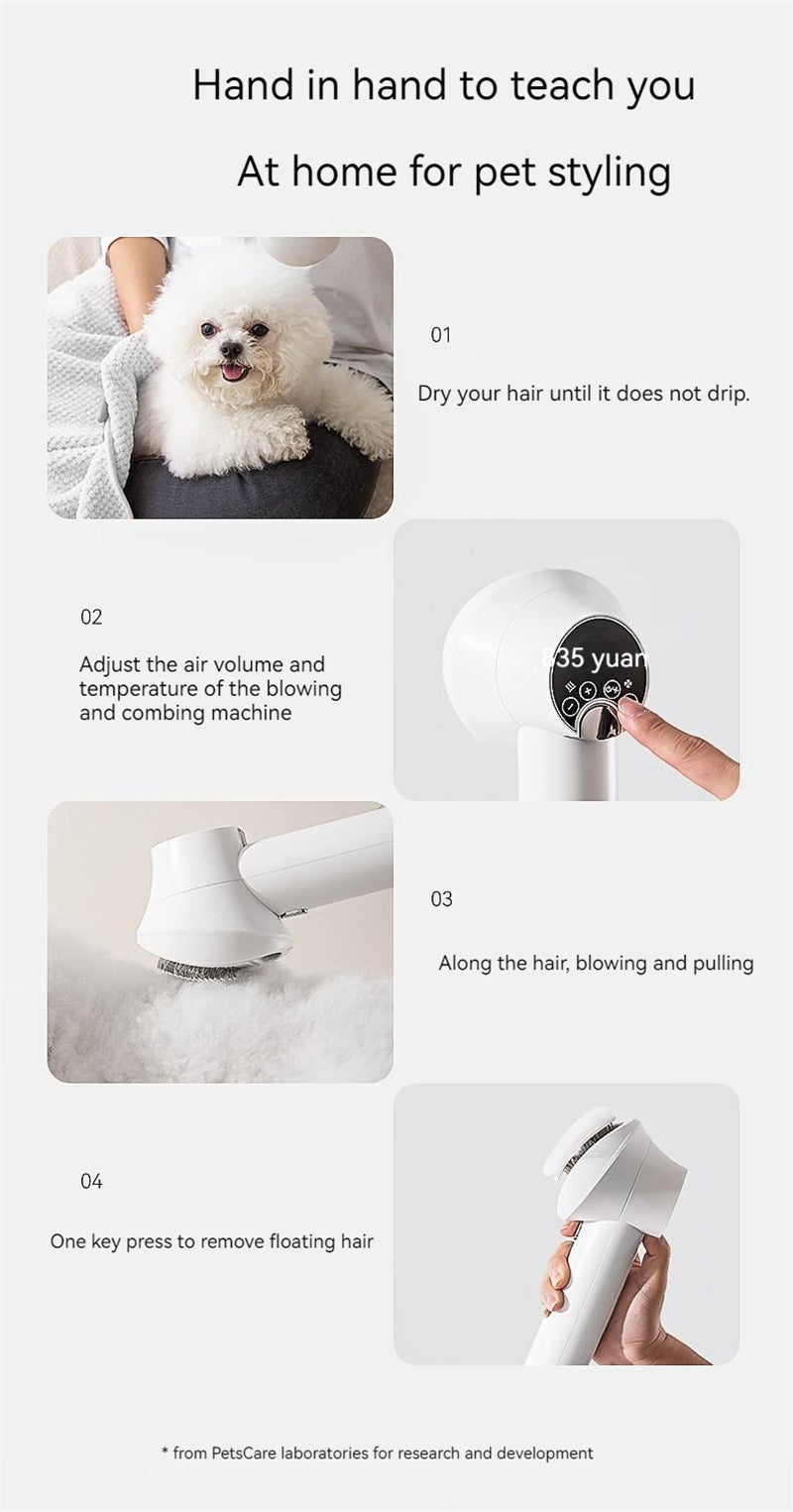 Pet Grooming Hair Dryer with Comb - Silent 2-in-1 Blow & Style
