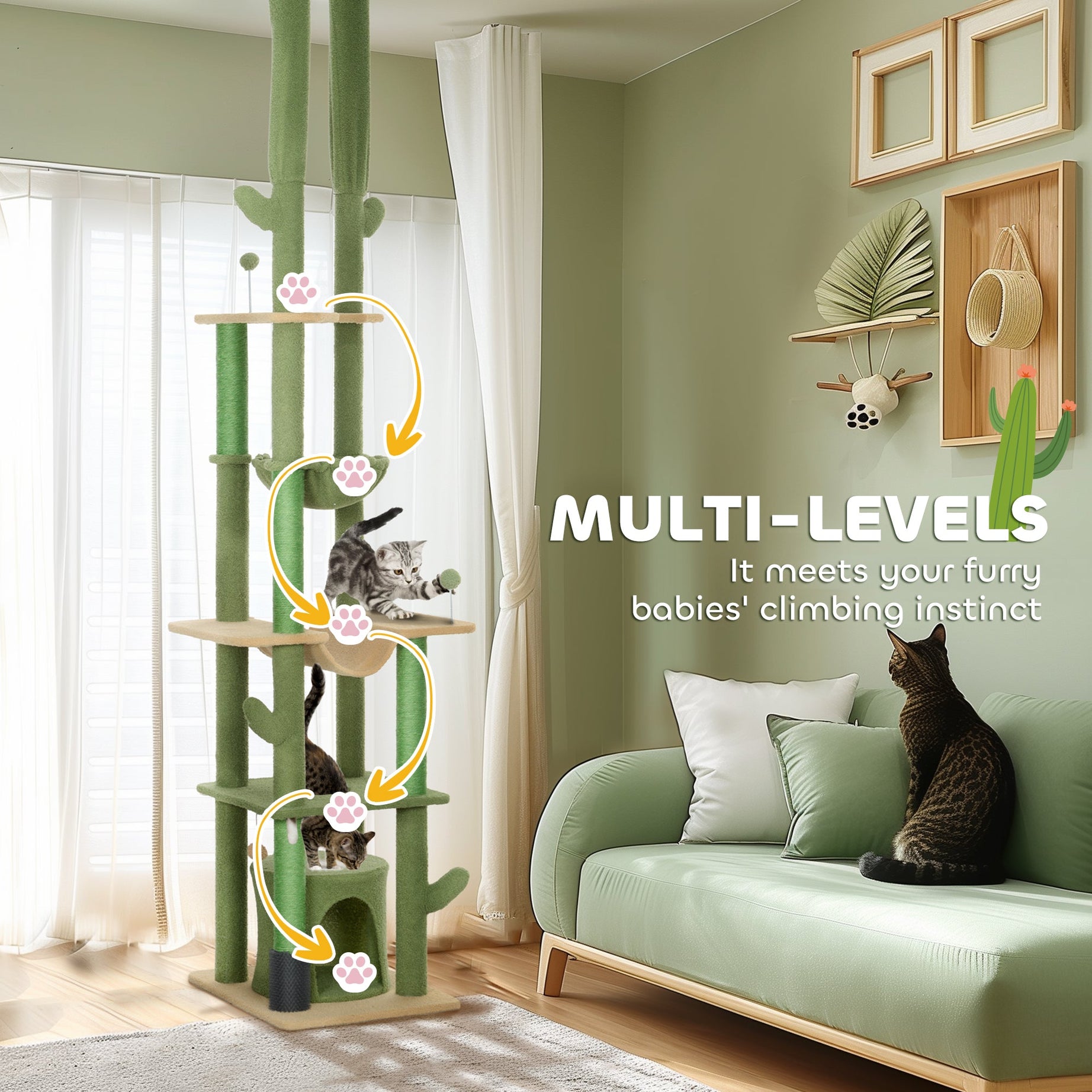 Cat Tree Floor to Ceiling 89-100 Inch - Condo Hammock Grooming Post