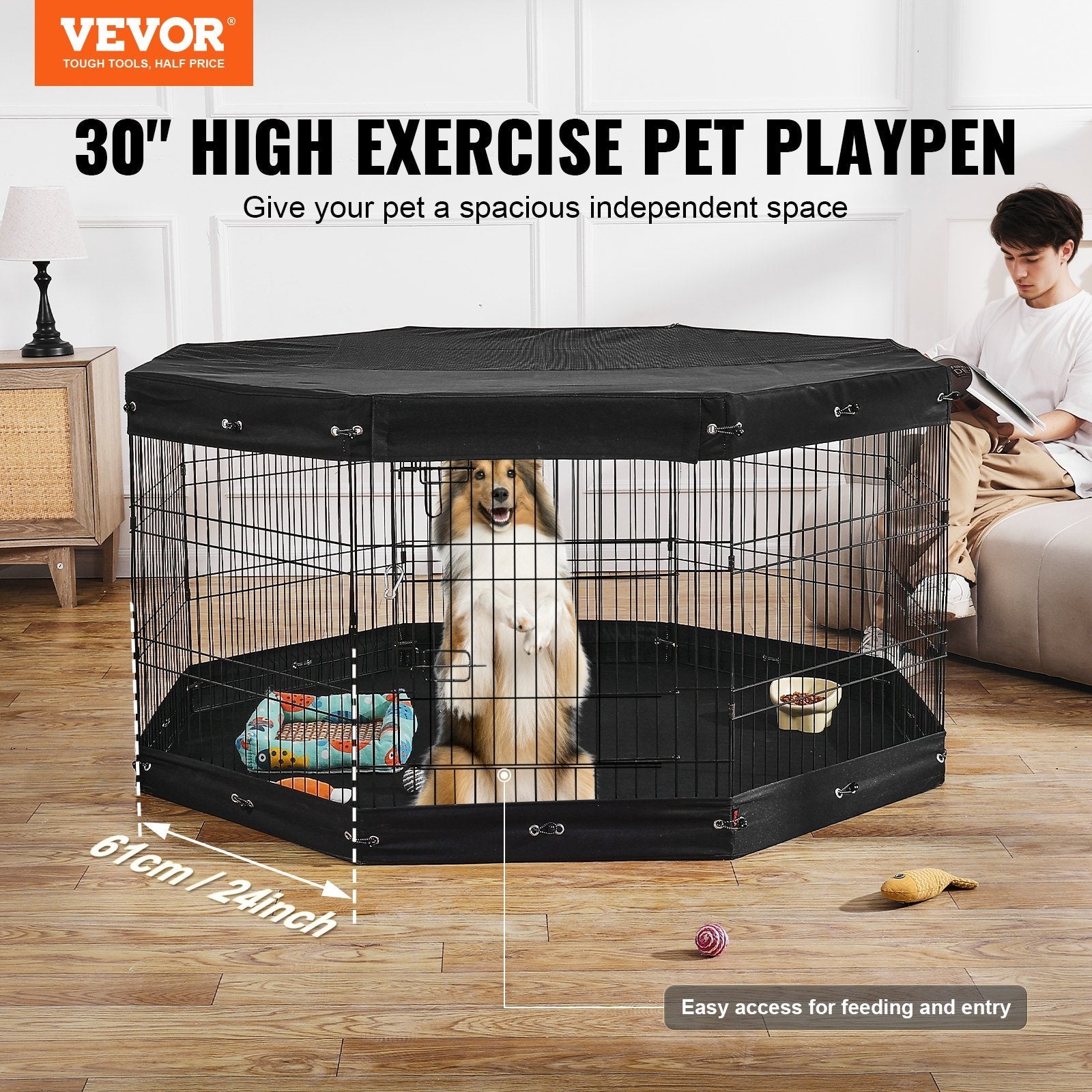 Dog Exercise Playpen - 8 Panel Foldable Metal Pen with Top Cover & Mat 30 Inch
