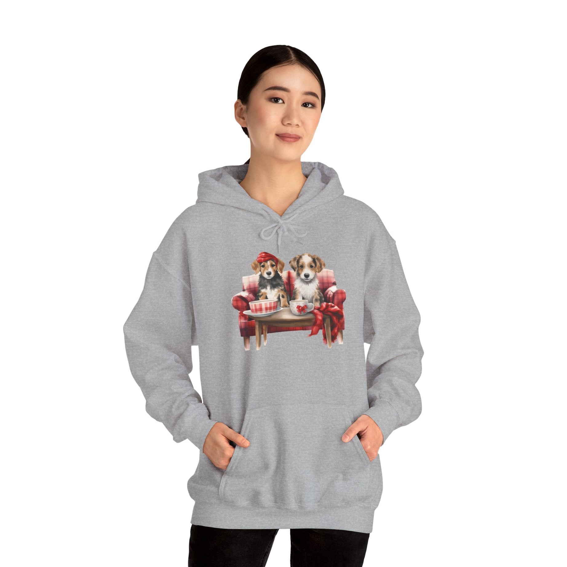 Christmas Hoodie - Festive Puppies on Sofa Design