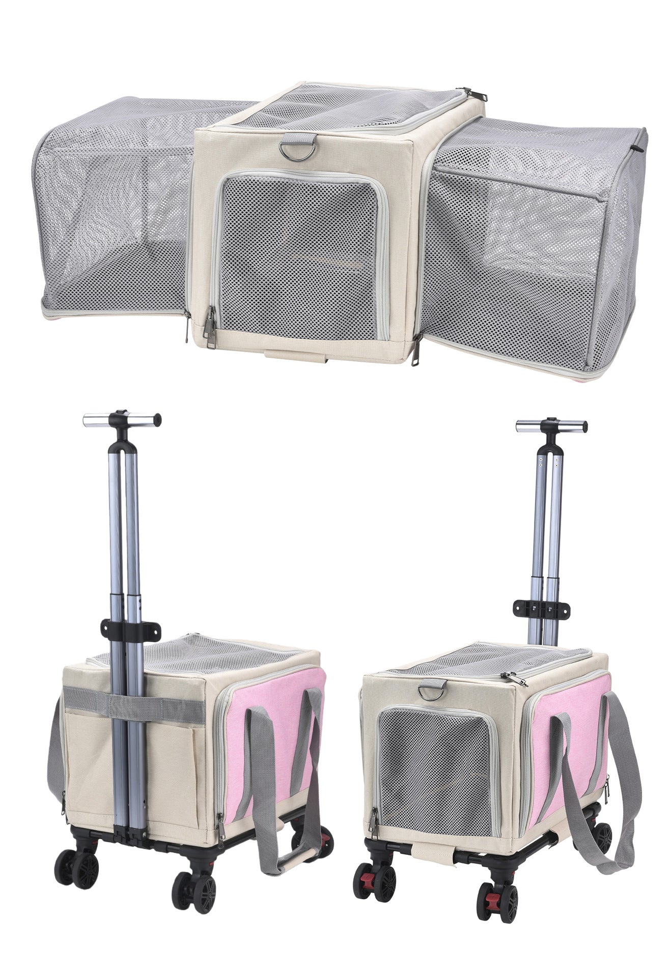 Rolling Pet Carrier with Wheels - 3-Sided Expandable Travel Bag Cats Dogs