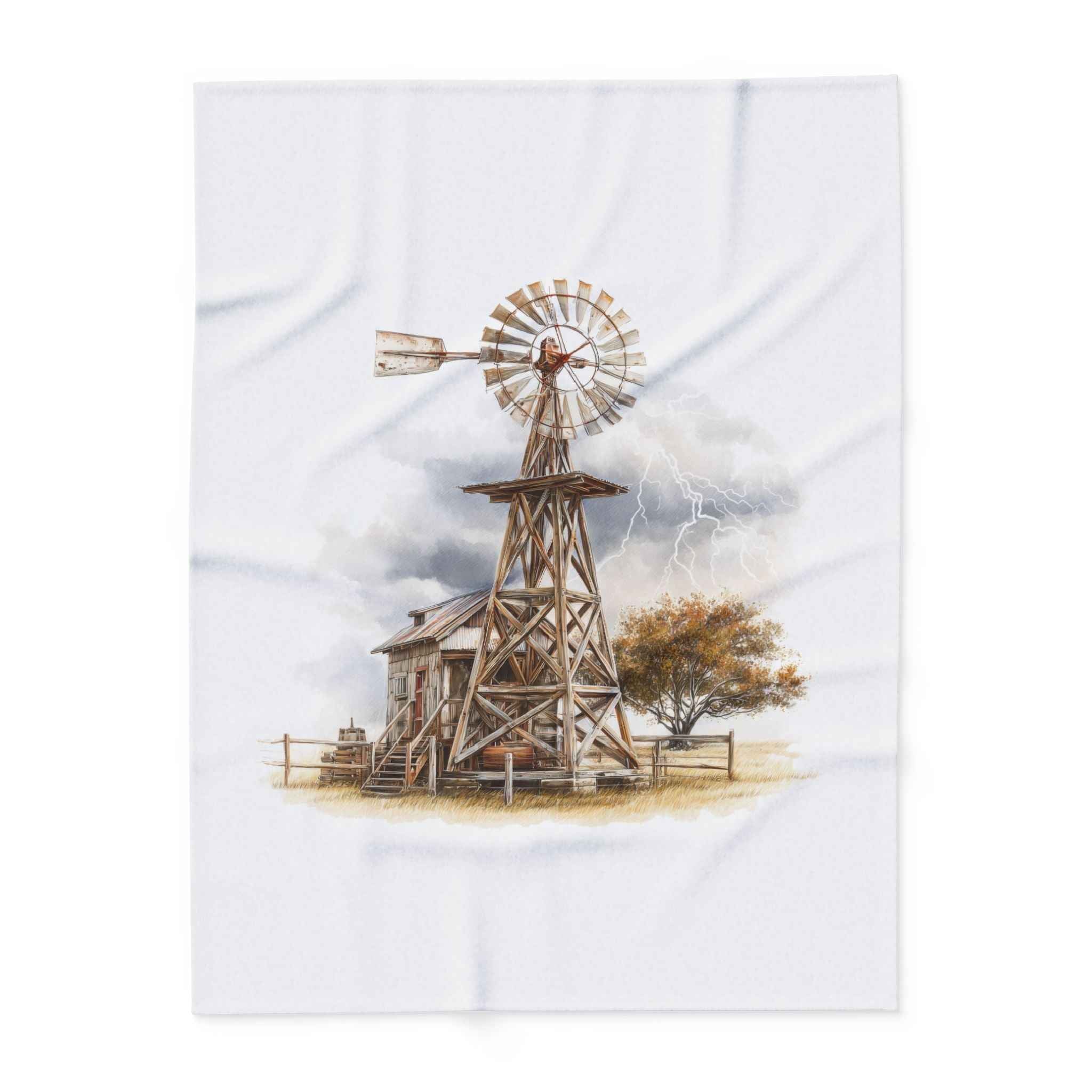Windmill Farm Fleece Blanket — Rustic Windmill & Storm Sky Throw