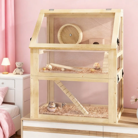 Hamster Cage 3 Tier Wooden - Deep Base Toys Wheel Included