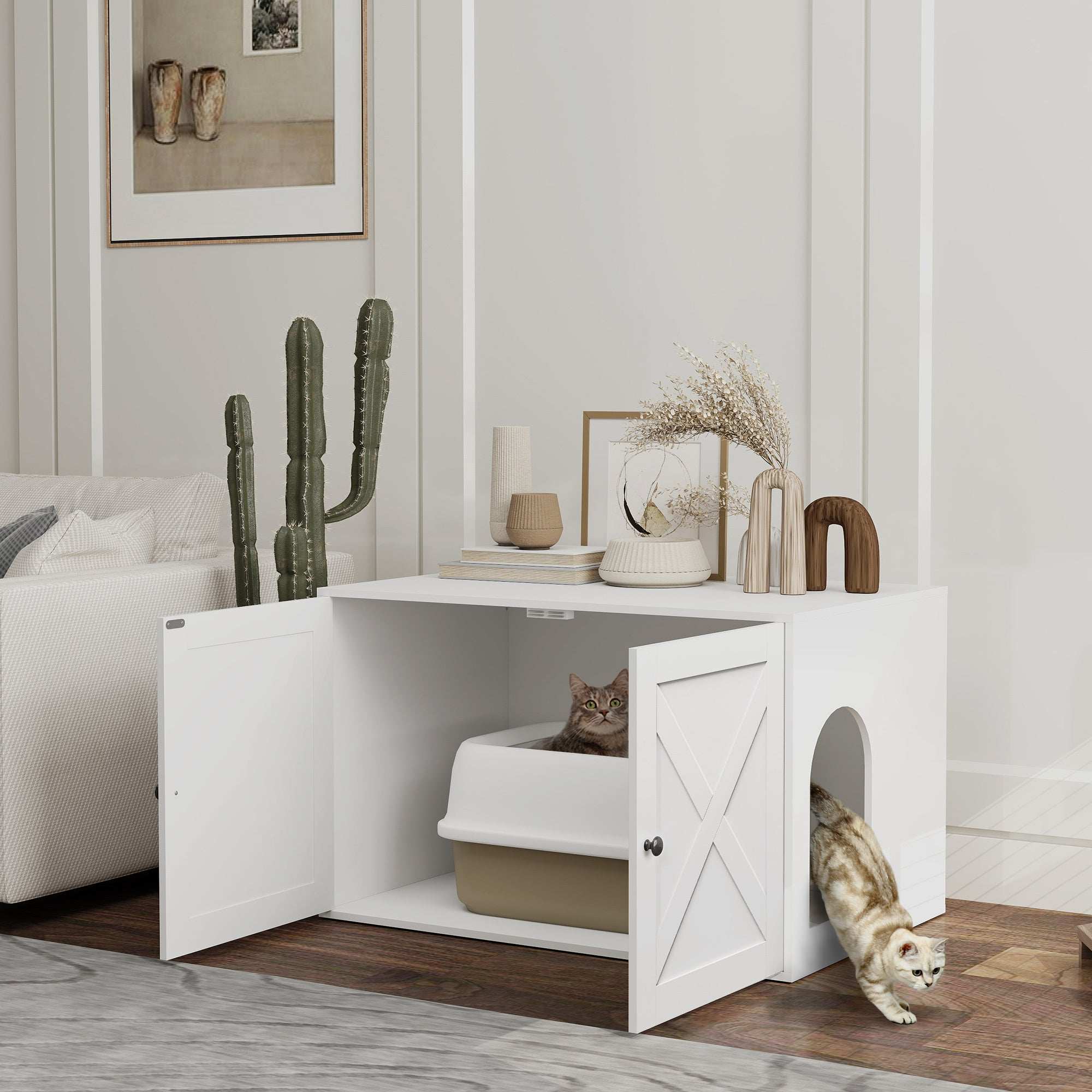 Cat Litter Box Enclosure with Barn Door - Hidden Cabinet