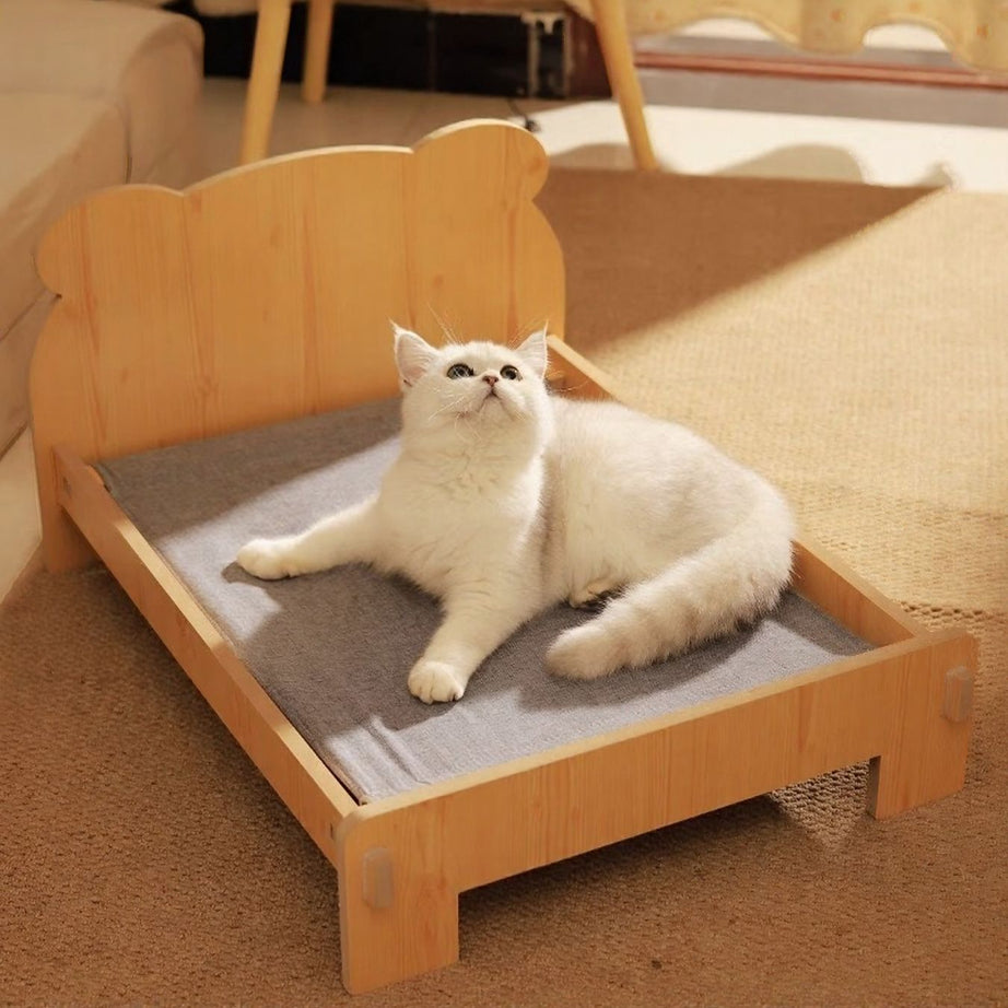 Wooden Pet Bed Frame - Miniature Bear Headboard with Bedding Set
