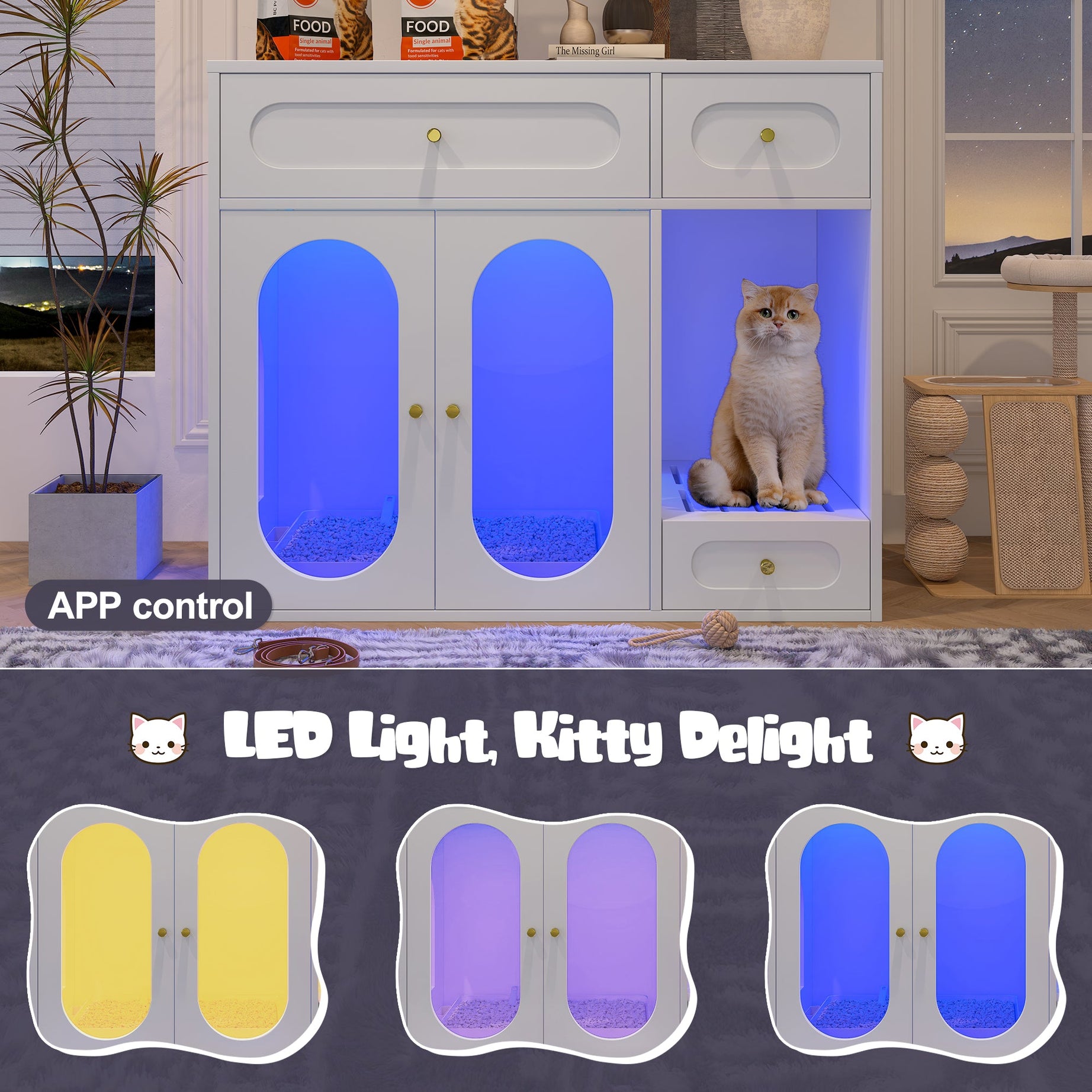 Cat Litter Box - Furniture Enclosure With LED Light