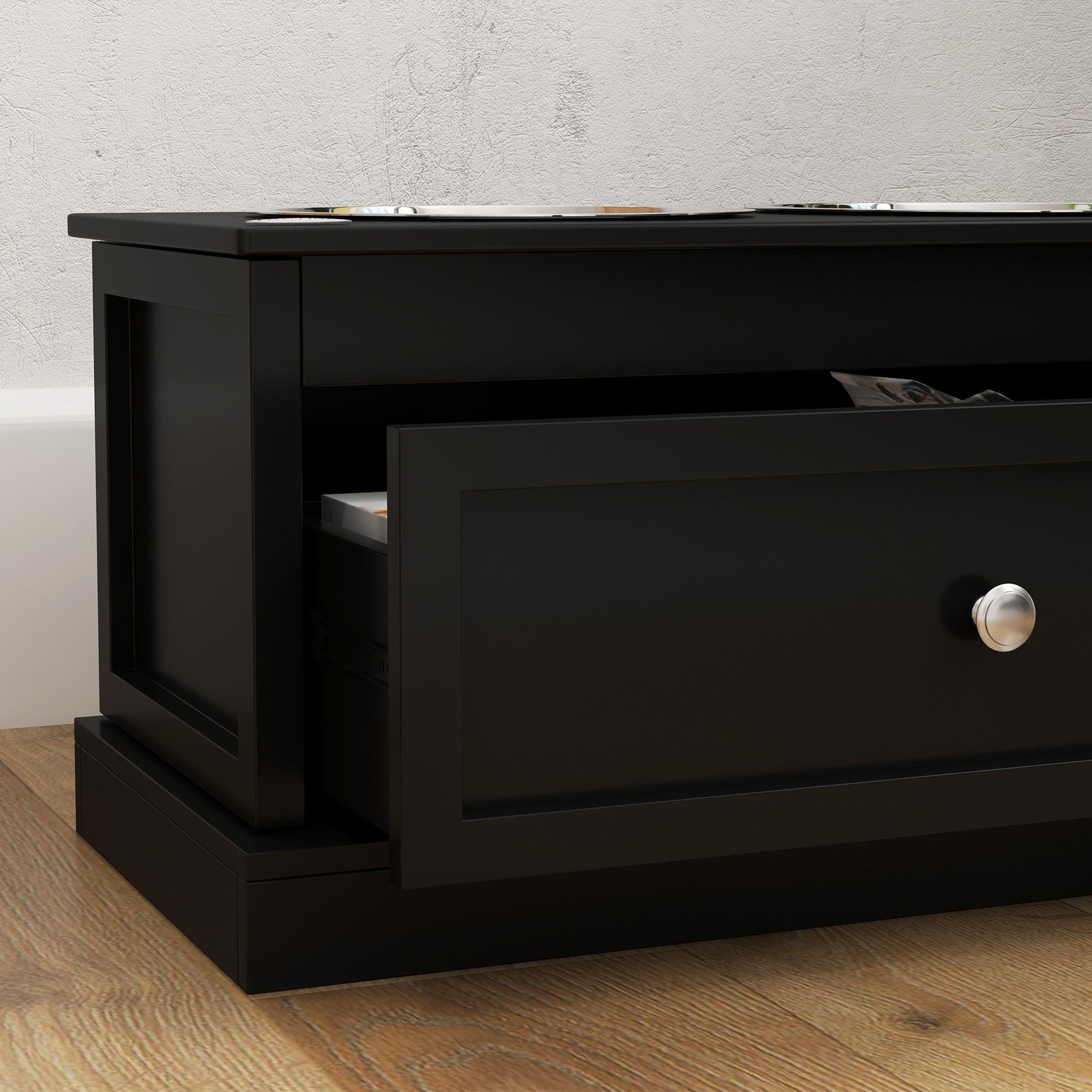 Elevated Dog Bowls with Storage Drawer, Raised Dog Bowl Stand Pet Food Bowl Dog Feeding Station, Black