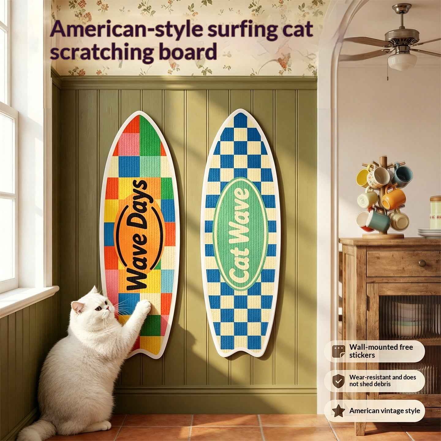 Cat Surfboard Wall Scratcher - Sisal Wall-Mounted Scratching Board