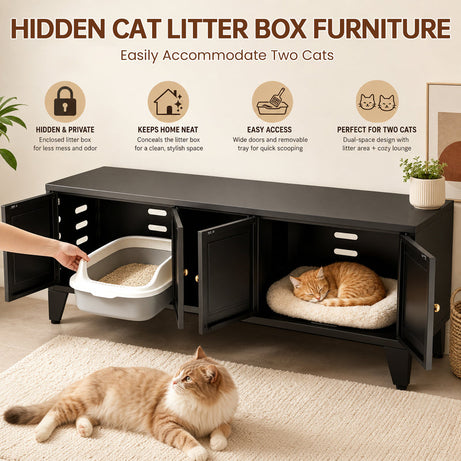 Cat Litter Box Enclosure - 58 Inch Hidden TV Stand Cabinet for 2 Cats