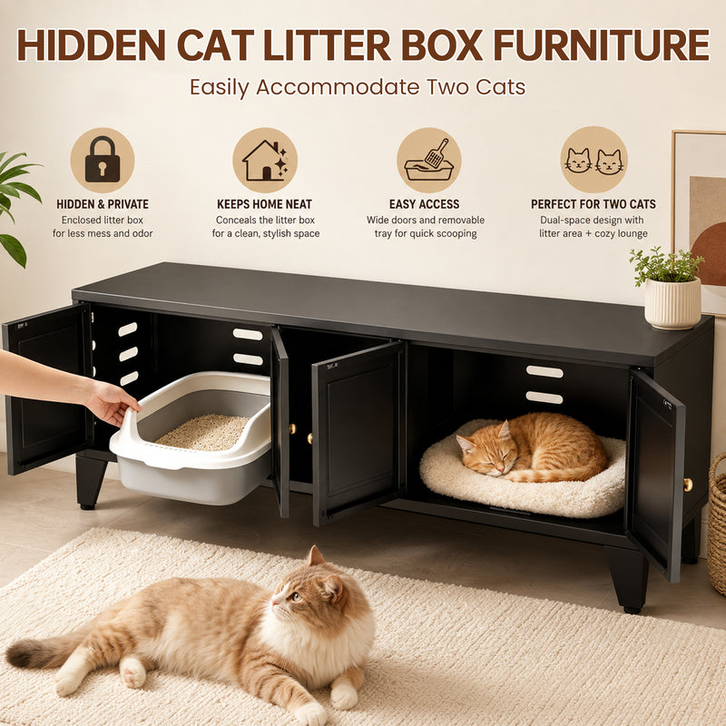 Cat Litter Box Enclosure - 58 Inch Hidden TV Stand Cabinet for 2 Cats