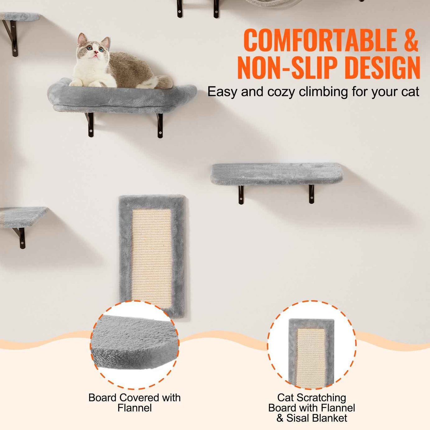 Wall-Mounted Cat Shelves & Climbing Tree Set with Hammock - 6 Pieces