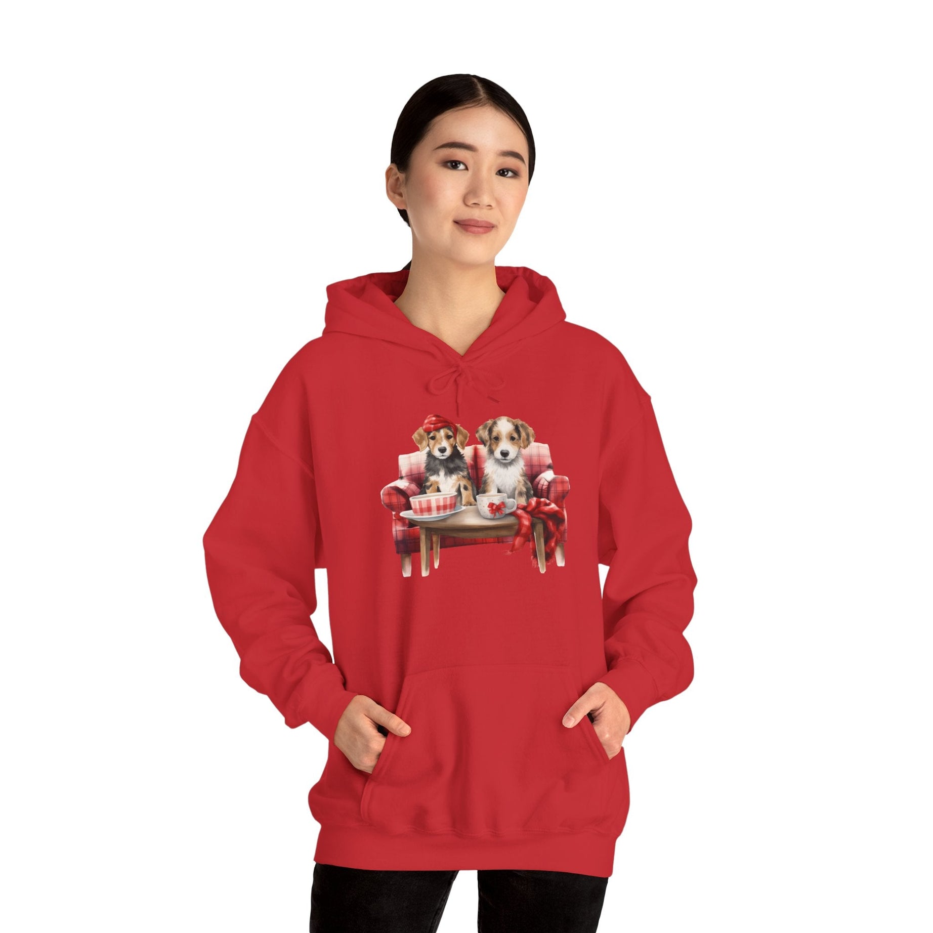 Christmas Hoodie - Festive Puppies on Sofa Design