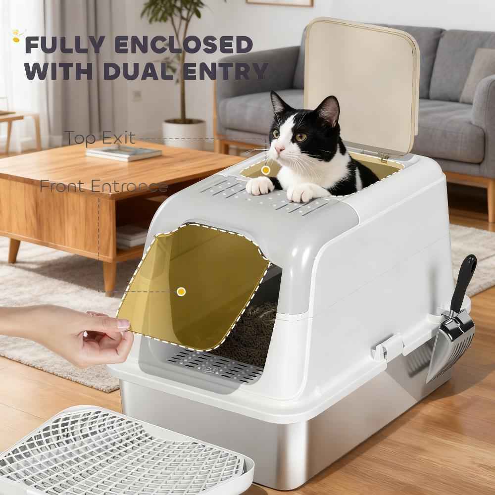 Cat Litter Box Enclosed - Stainless Steel Odor Control
