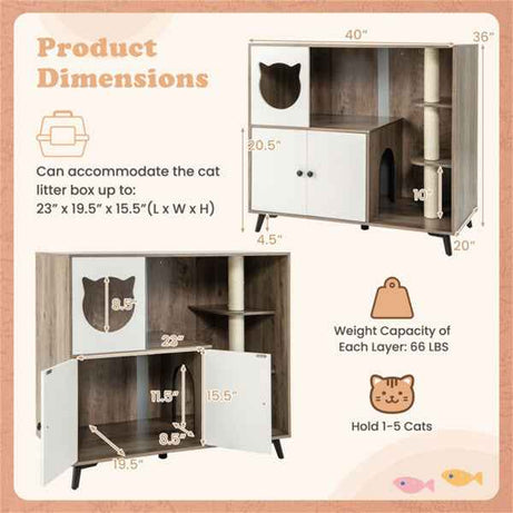 Cat Litter Box Enclosure Cabinet - 3-in-1 Scratching Post Condo Furniture