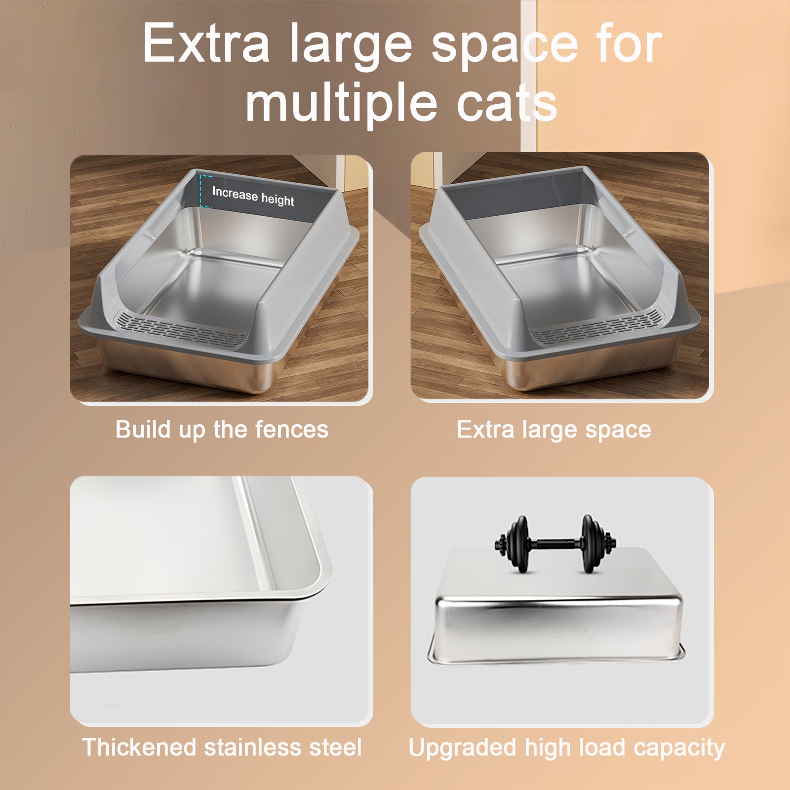Cat Litter Box Oversized Stainless Steel - Semi-Enclosed Splash-Proof
