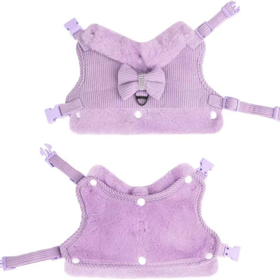 Warm Fur Collar Soft Padded Small Girl Pet Harness and Leash Set with Bow Tie
