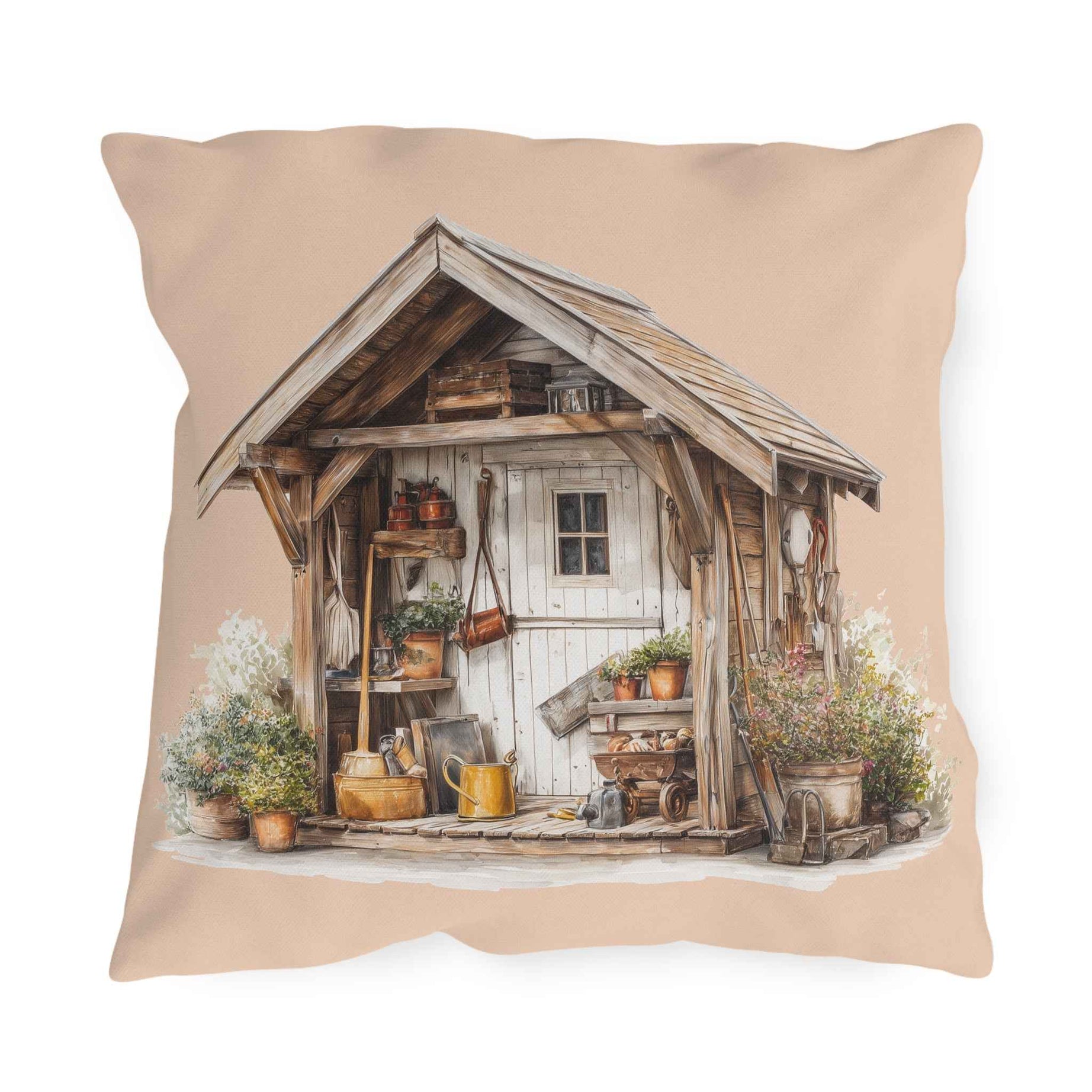 Sunflower Cottage Outdoor Pillow — Rustic Garden Shed & Sunflower Throw Cushion for Patio