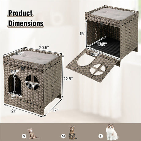 2-Tier Wicker Cat Condo With Litter Mat - Hidden Litter Box Enclosure