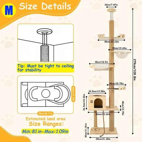 Cat Tree Floor to Ceiling - 6 Level Capsule Tower with Hammock