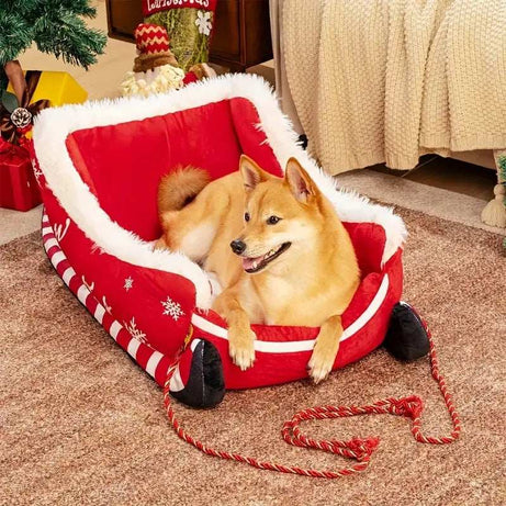 Christmas Sled Pet Bed with Reindeer Design for Small Dogs