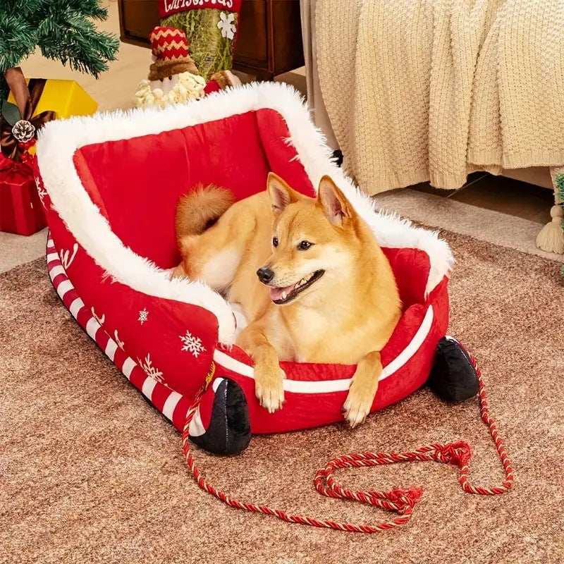 Christmas Sled Pet Bed with Reindeer Design for Small Dogs