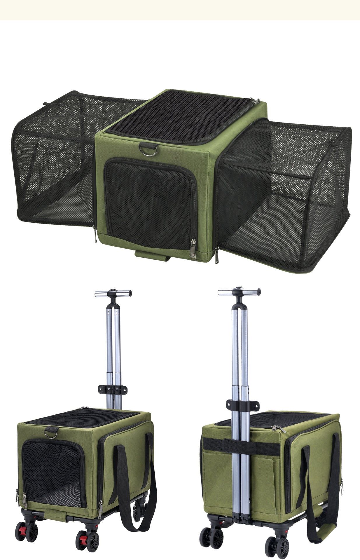Rolling Pet Carrier with Wheels - 3-Sided Expandable Travel Bag Cats Dogs