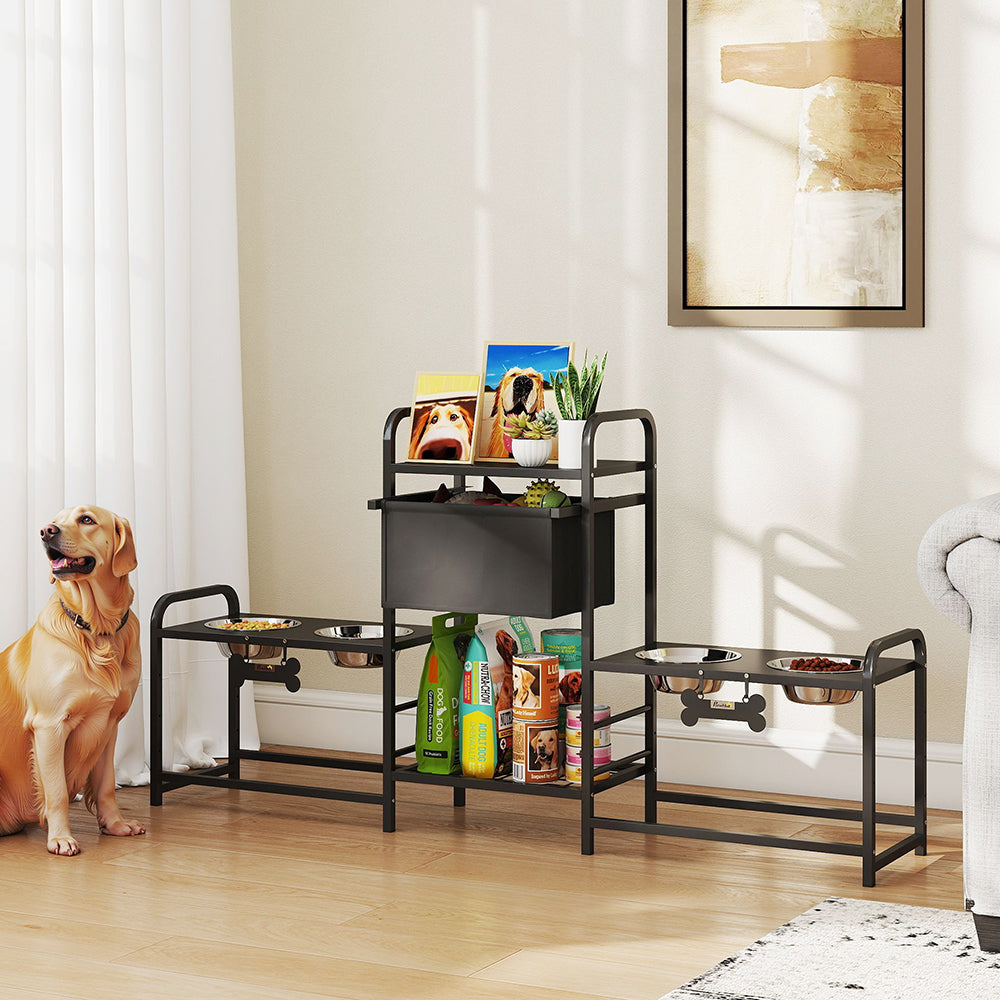 Dog Bowl Stand Dual Station - 4 Bowls 3 Heights Storage Bin