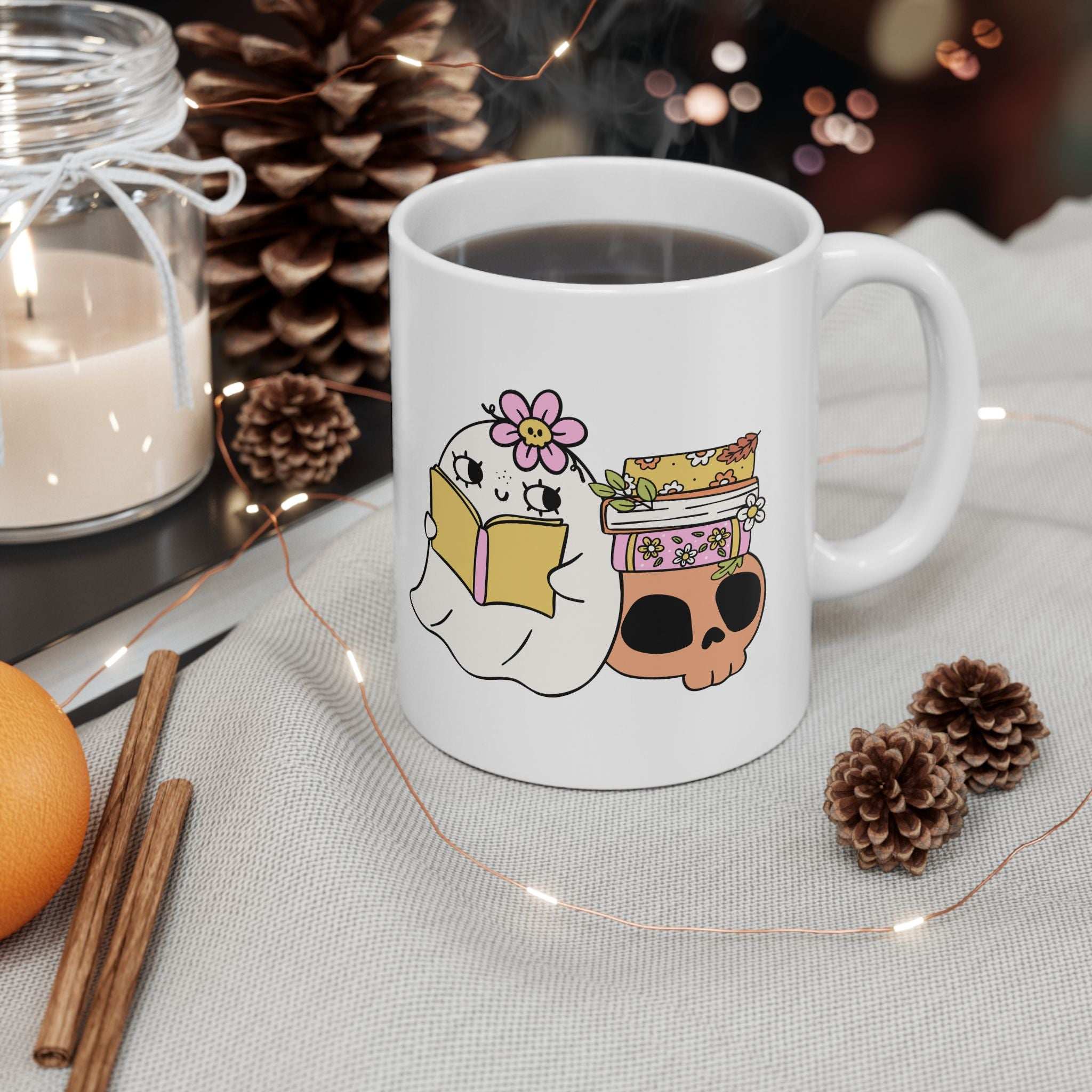 Cute Ghost Ceramic Mug | Coffee Cup for Book Lovers | Halloween Decor | Gift for Readers