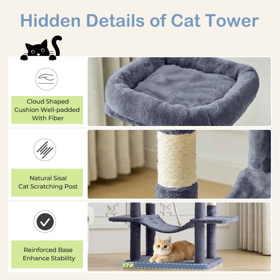 66-Inch Cat Tree Tower - Multi-Level with 2 Condos & Hammock