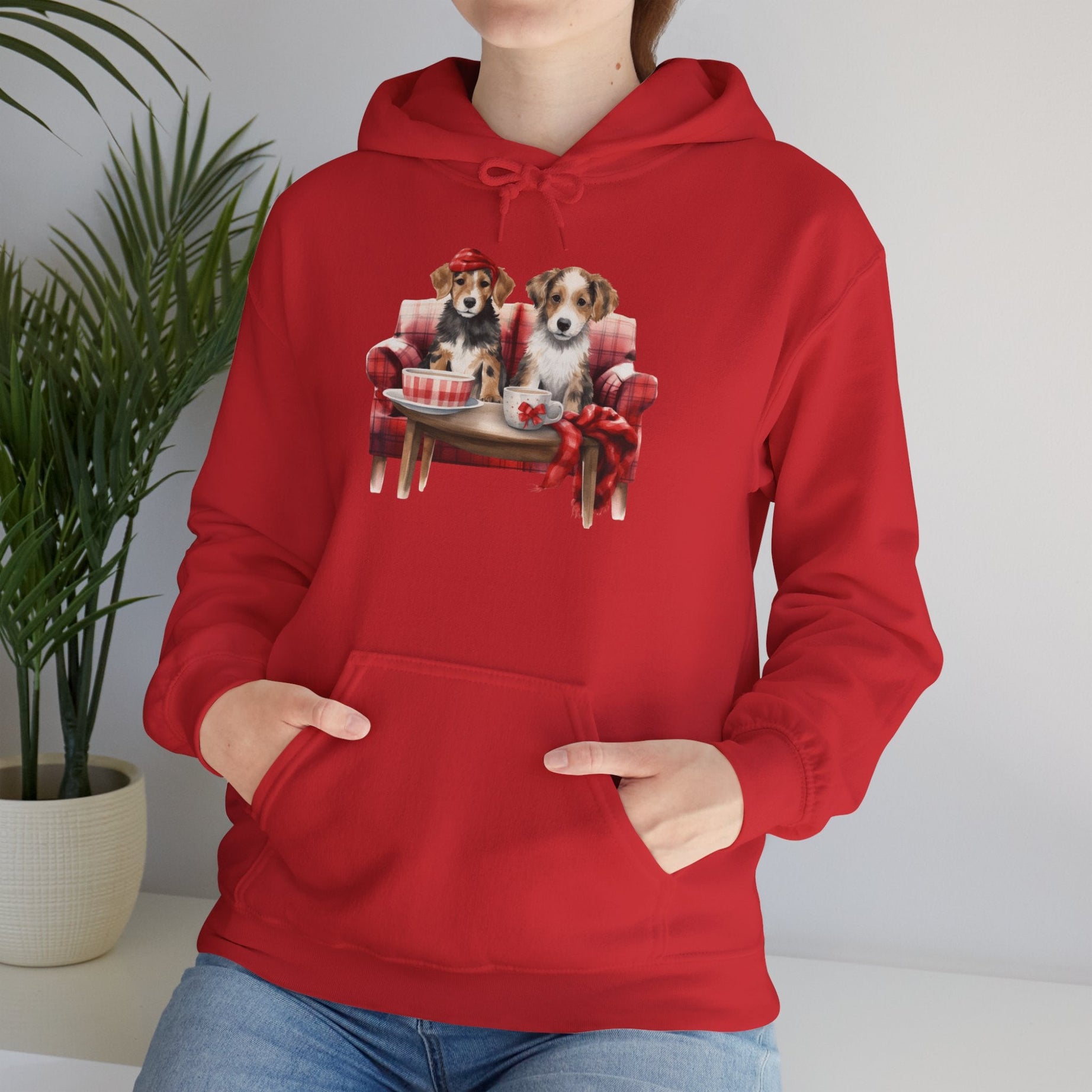 Christmas Hoodie - Festive Puppies on Sofa Design