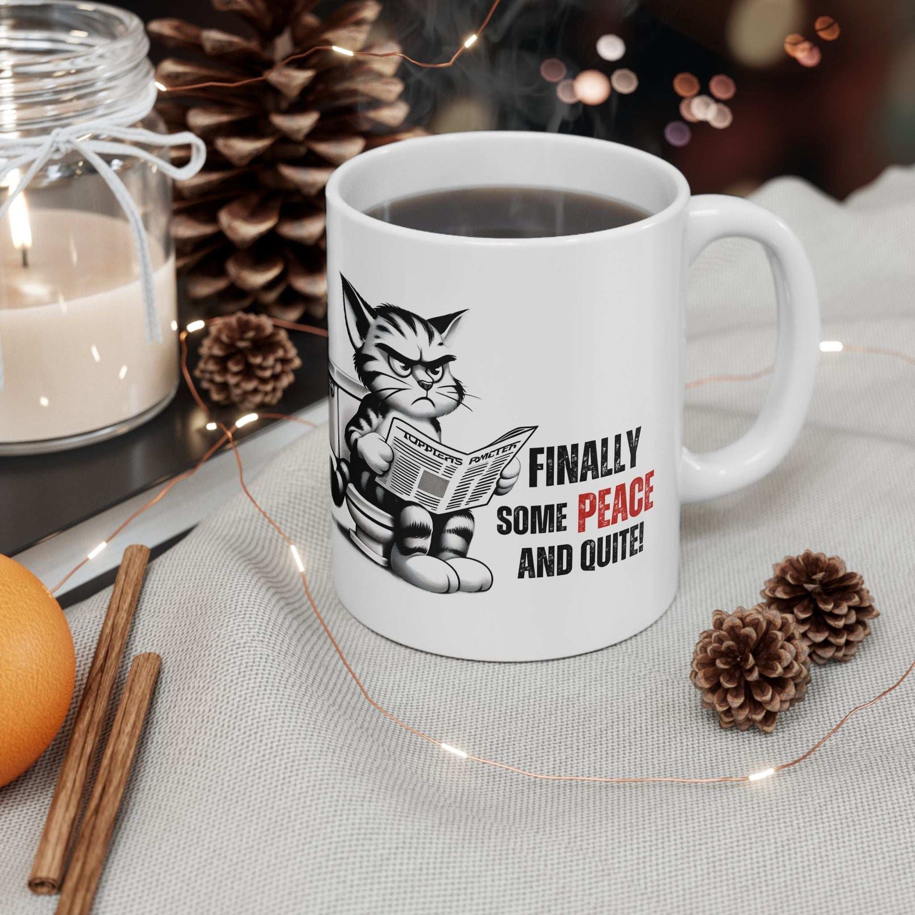 Funny Cat Ceramic Mug – "Finally Some Peace and Quiet!" – Perfect Gift for Cat Lovers