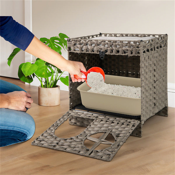 2-Tier Wicker Cat Condo With Litter Mat - Hidden Litter Box Enclosure