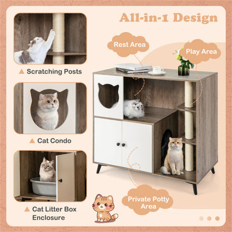 Cat Litter Box Enclosure Cabinet - 3-in-1 Scratching Post Condo Furniture
