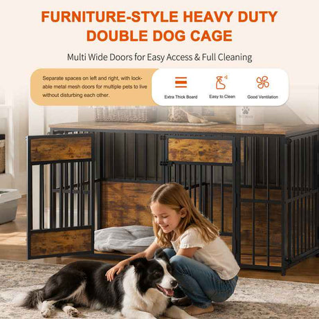 Dog Crate Furniture - Double Compartment Kennel with Storage Top 47 Inch
