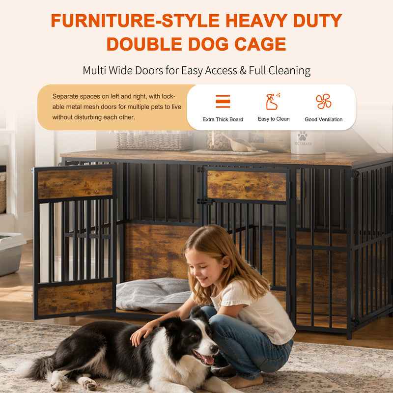Dog Crate Furniture - Double Compartment Kennel with Storage Top 47 Inch