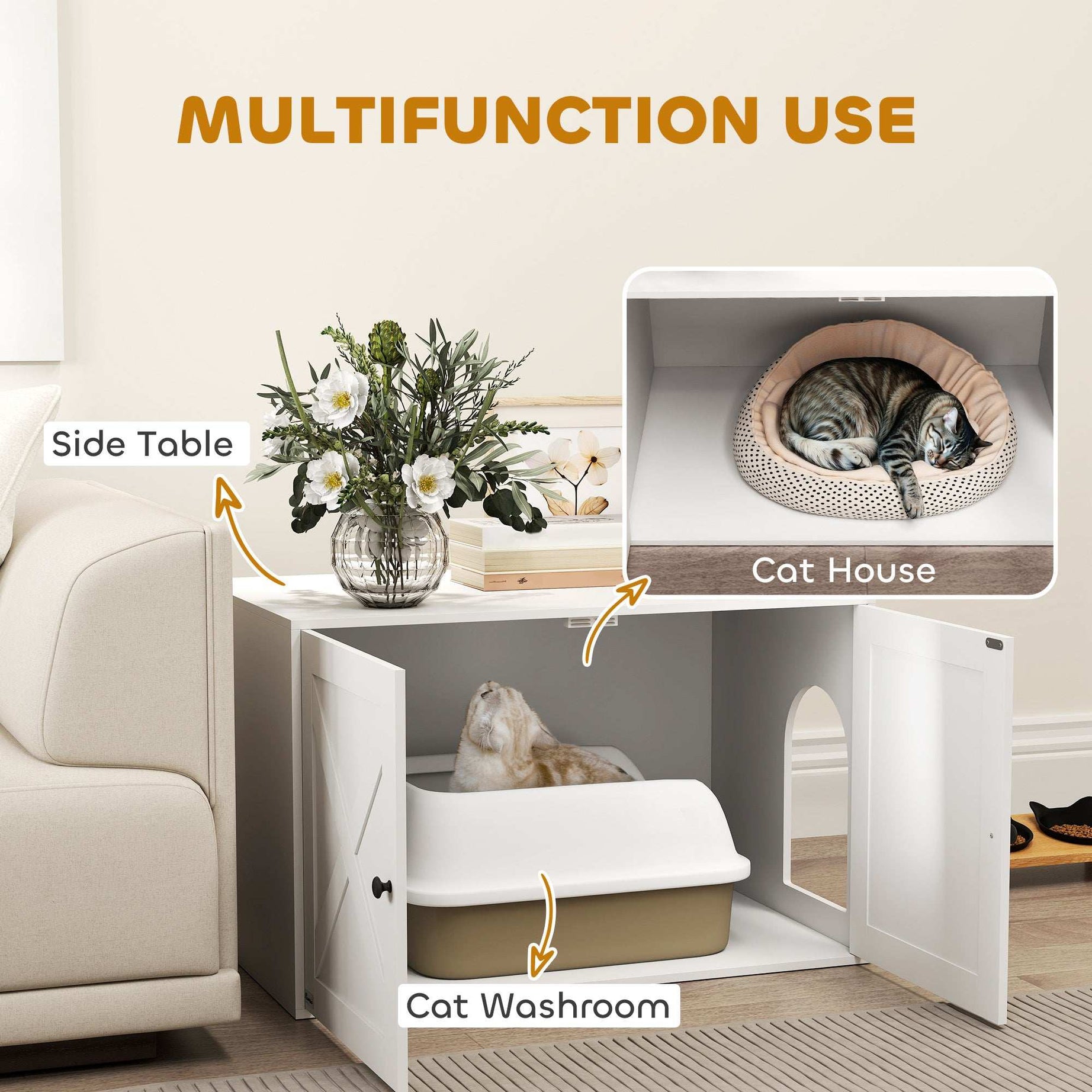 Cat Litter Box Enclosure with Barn Door - Hidden Cabinet