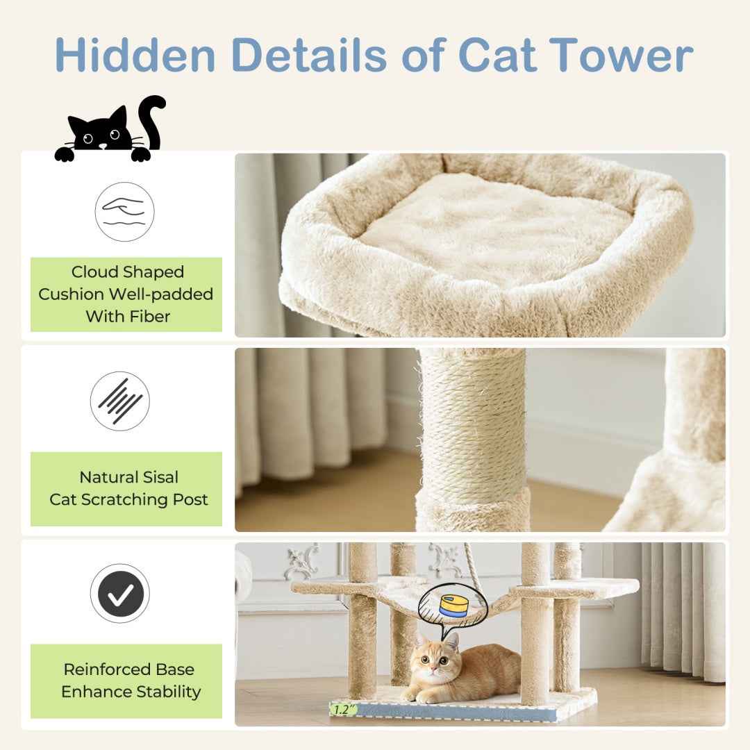 66-Inch Cat Tree Tower - Multi-Level with 2 Condos & Hammock
