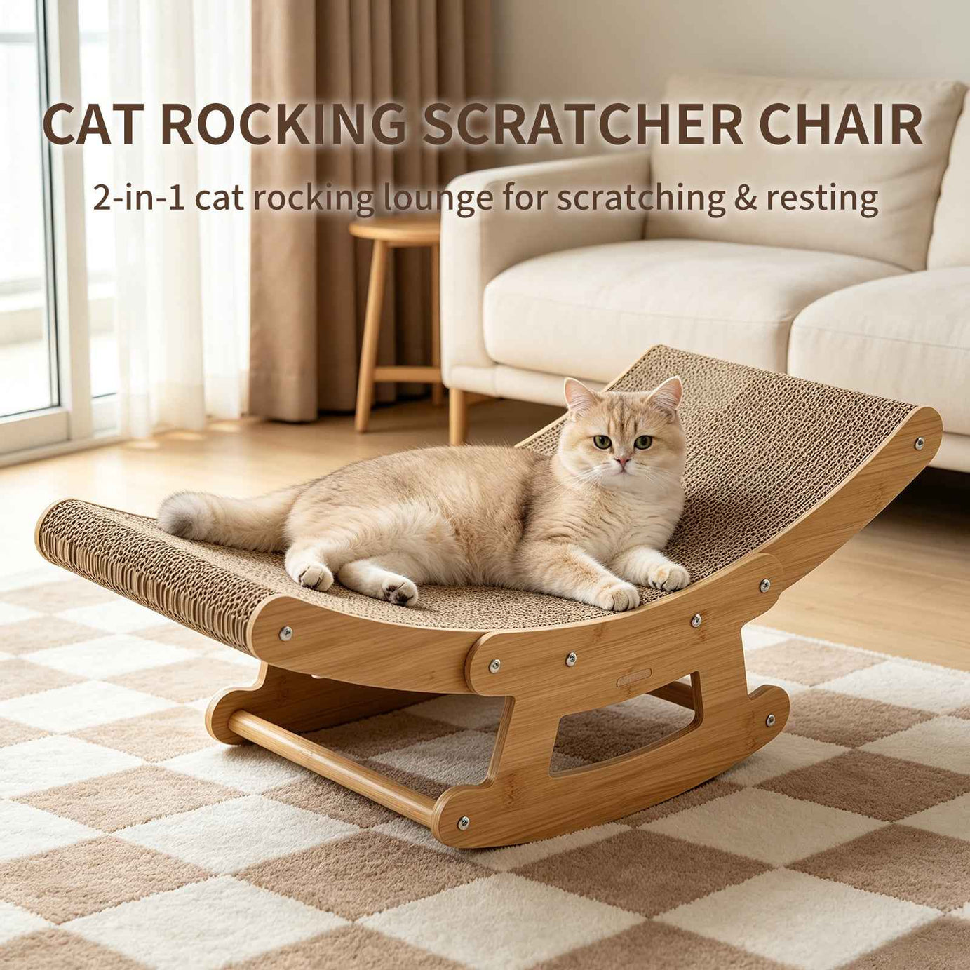 Cat Rocking Scratcher Lounge - 2-in-1 Bamboo Corrugated Cardboard Bed