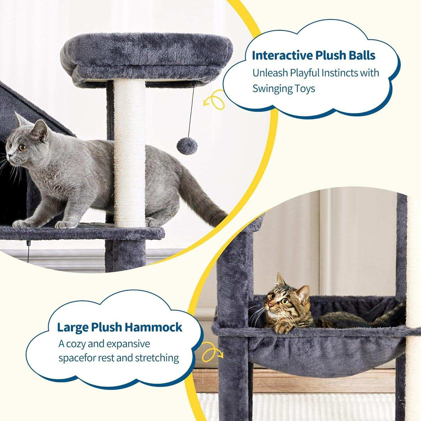 60 Inch Multi-Level Cat Tree For Indoor Cats With Plush Hammock