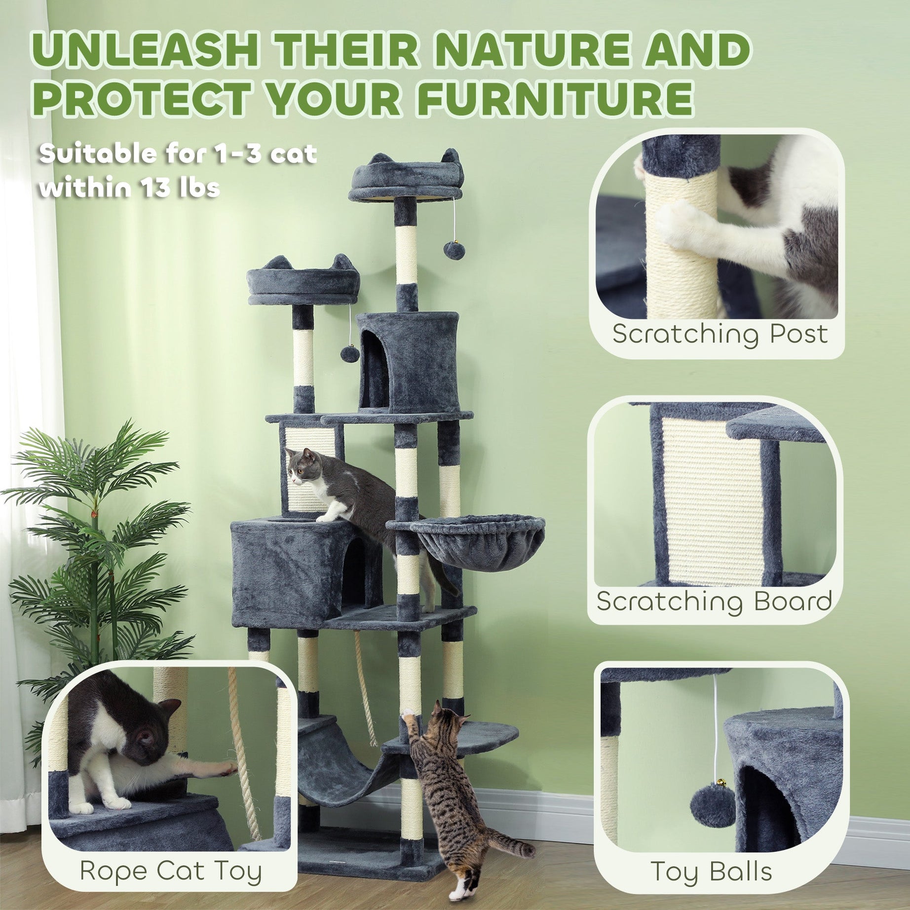 81" Cat Tree w/ Cat Scratching Posts, Scratching Board, Condos, Beds, Hammocks, Toy Balls, Rope Cat Toy, Gray