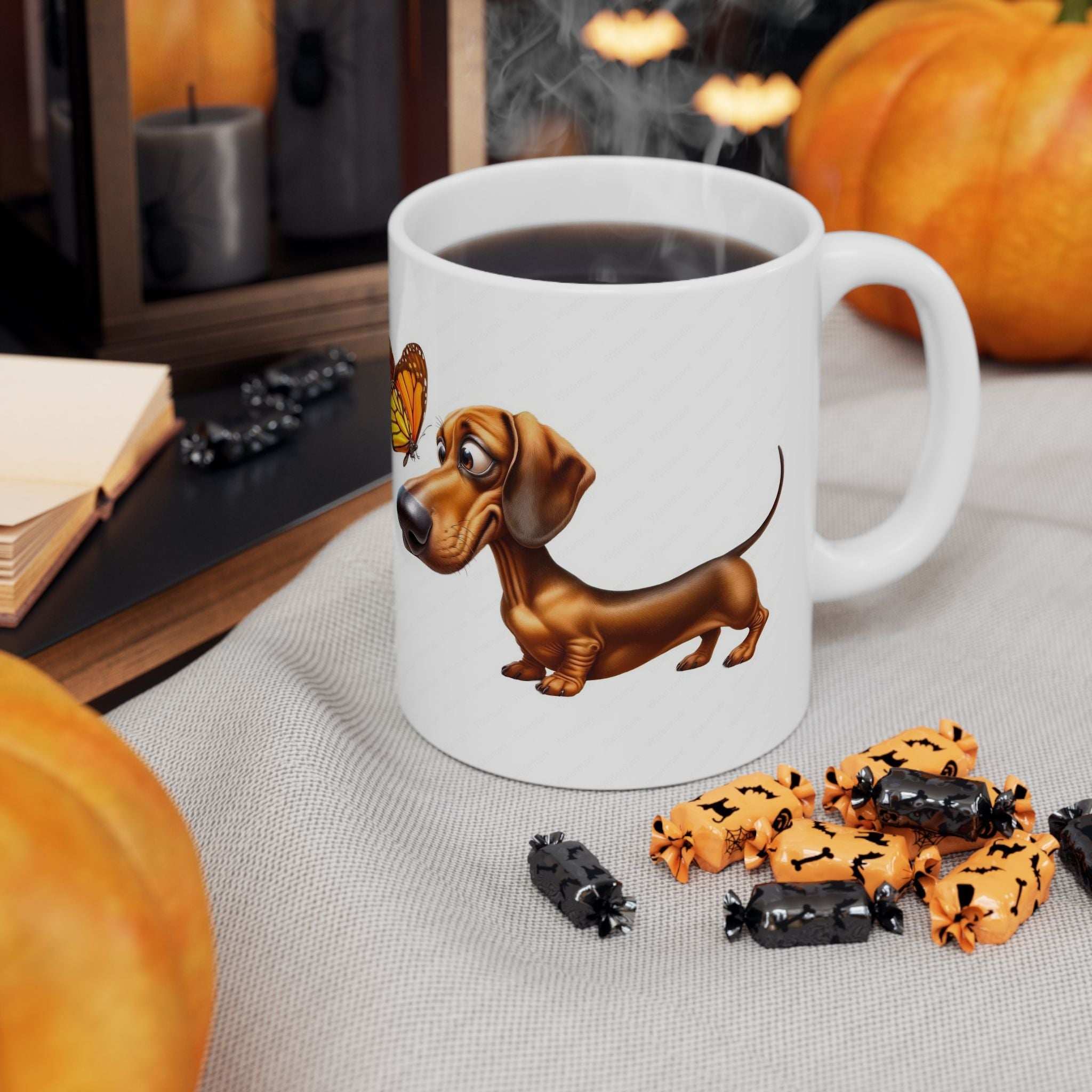 Cute Dachshund and Butterfly Ceramic Mug - Fun 11oz & 15oz Coffee Cup for Animal Lovers