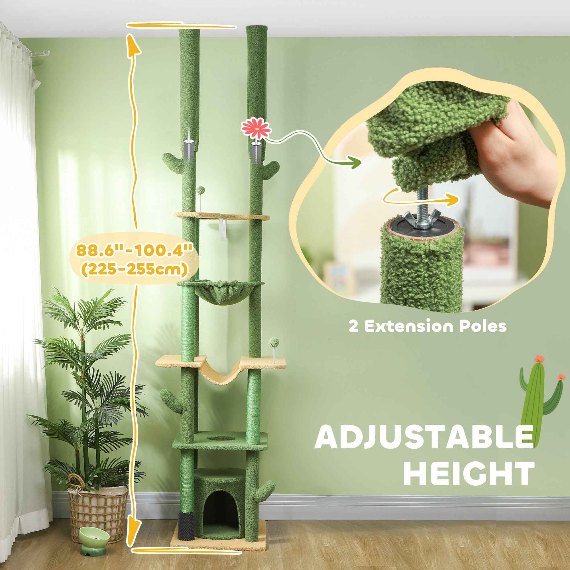 Cat Tree Floor to Ceiling 89-100 Inch - Condo Hammock Grooming Post