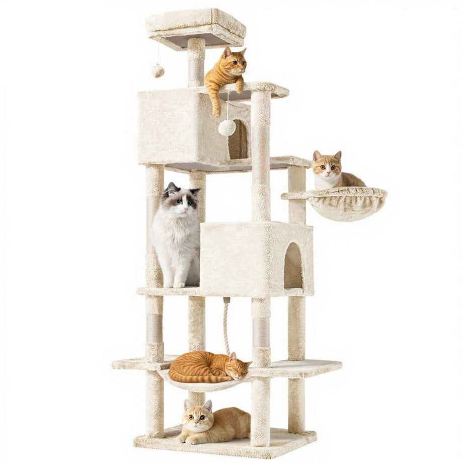 66-Inch Cat Tree Tower - Multi-Level with 2 Condos & Hammock